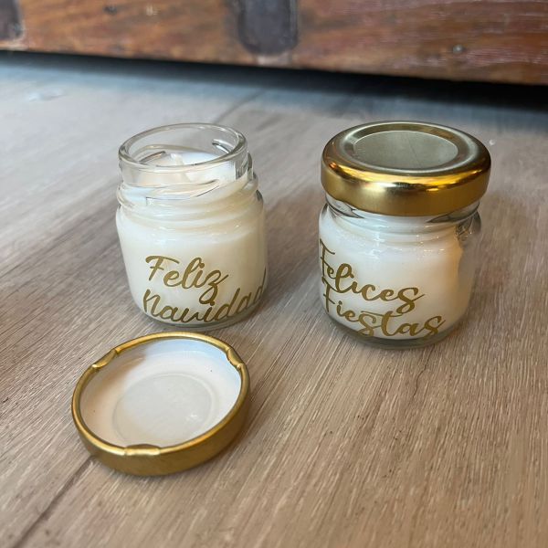 Vela de soja aromática en mini frasco de vidrio con tapa metálica dorada y  frases – Punto Led